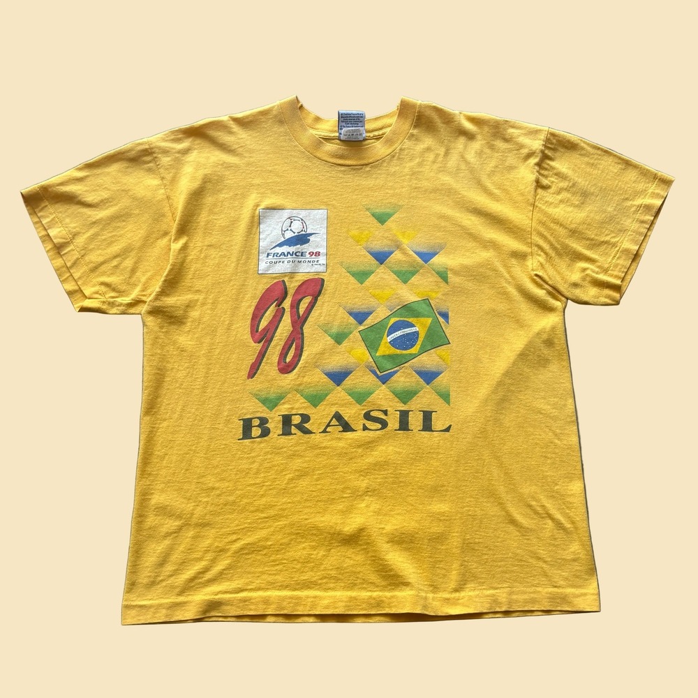 Vintage France 98 World Cup Brasil Soccer T-Shirt Yellow XL FIFA ELMS Marketing